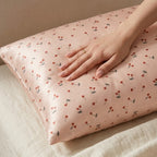 Playful Cherry Print Satin Pillowcase with Draped Accent and Gift Box