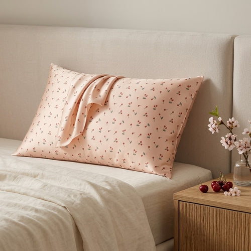 Playful Cherry Print Satin Pillowcase with Draped Accent and Gift Box