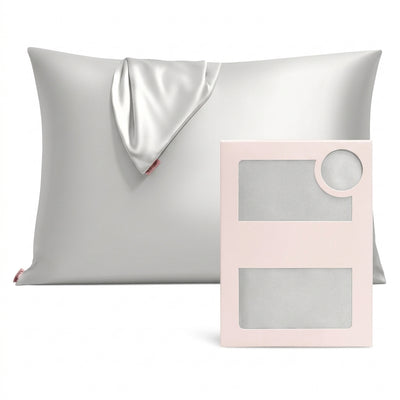 Luminous Radiant Silver Satin Pillowcase with Elegant Draped Detail and Matte Pink Gift Box
