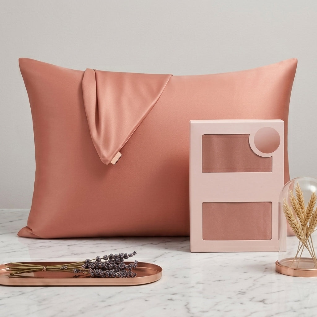 Dusty Rose Satin Pillowcase with Elegant Draped Accent and Gift Box
