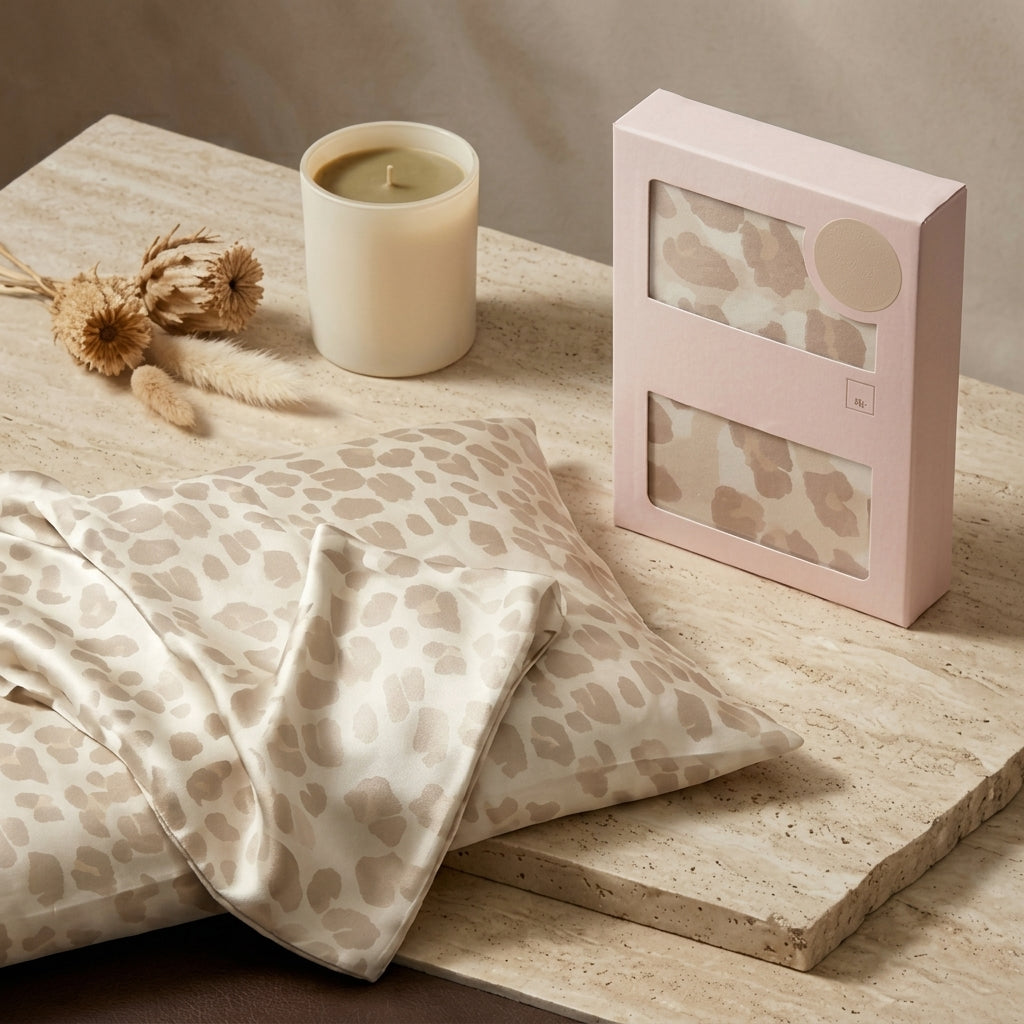 Champagne Leopard Print Satin Pillowcase with Draped Accent and Gift Box