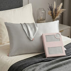 Luminous Radiant Silver Satin Pillowcase with Elegant Draped Detail and Matte Pink Gift Box