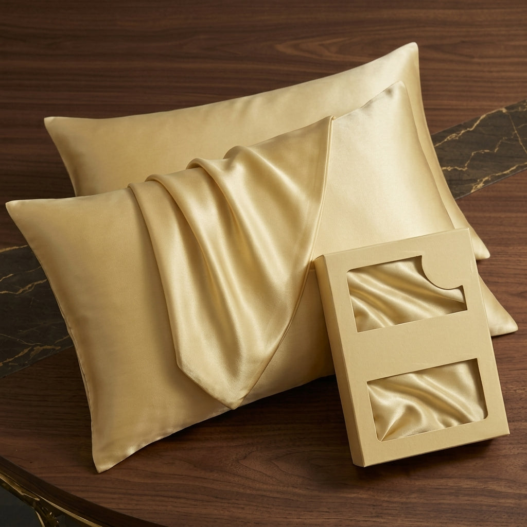 Gemini said Pale Gold Satin Pillowcase with Elegant Draped Detail and Gift Box