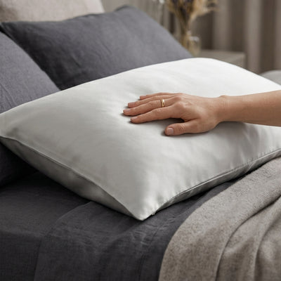 Luminous Radiant Silver Satin Pillowcase with Elegant Draped Detail and Matte Pink Gift Box