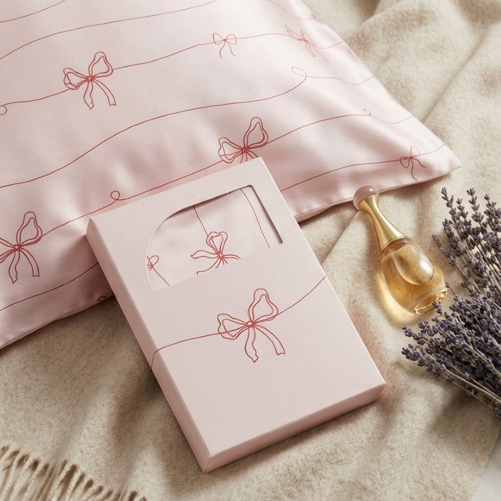 Blush Pink Ribbon Bow Satin Pillowcase & Gift Box Set