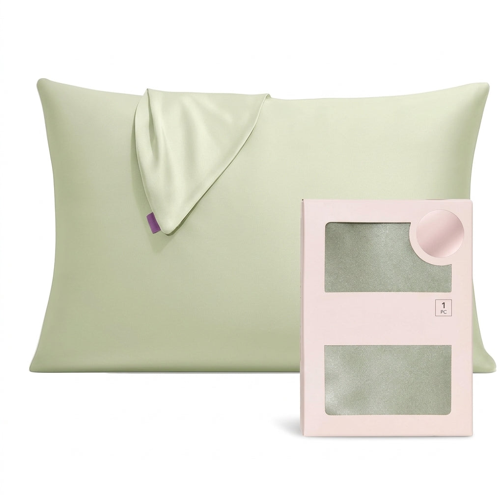 Soft Sage Green Satin Pillowcase with Draped Accent and Gift Box