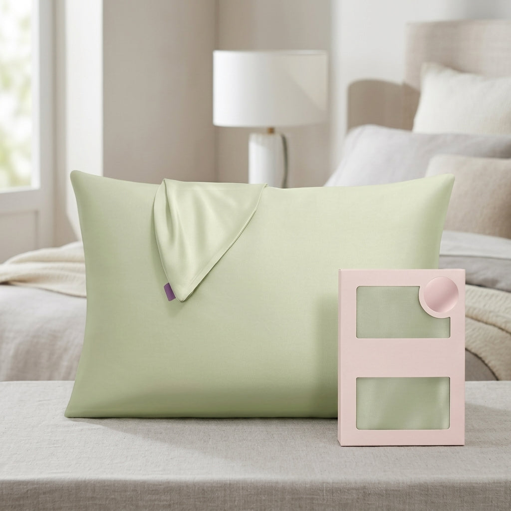 Soft Sage Green Satin Pillowcase with Draped Accent and Gift Box
