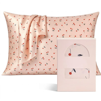 Playful Cherry Print Satin Pillowcase with Draped Accent and Gift Box