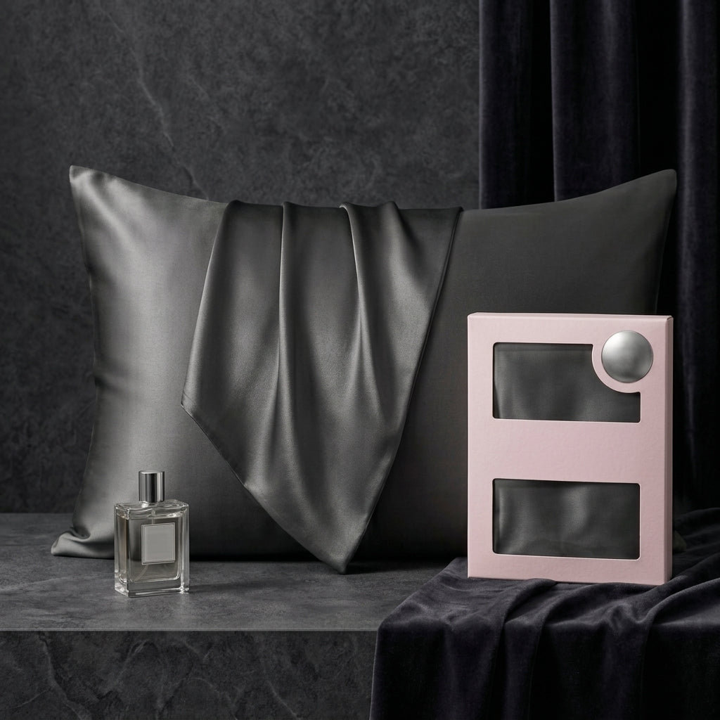 Gemini said Elegant Black Satin Pillowcase with Draped Accent and Designer Gift Box