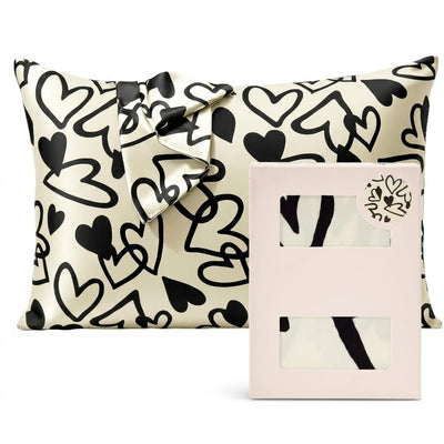 Graphic Heart Print Satin Pillowcase with Draped Detail and Gift Box