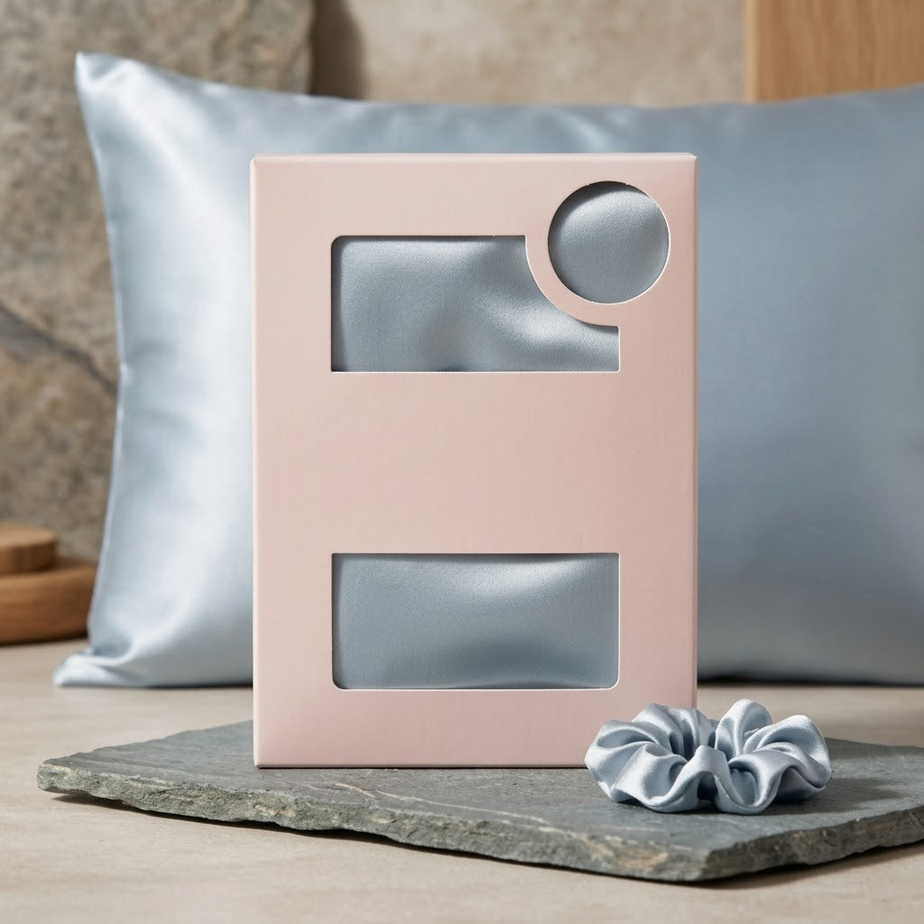Icy Blue Satin Pillowcase with Elegant Draped Detail and Designer Gift Box