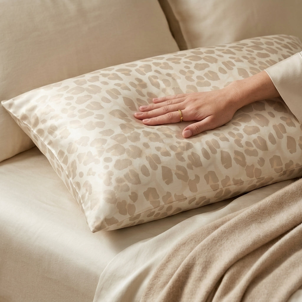 Champagne Leopard Print Satin Pillowcase with Draped Accent and Gift Box