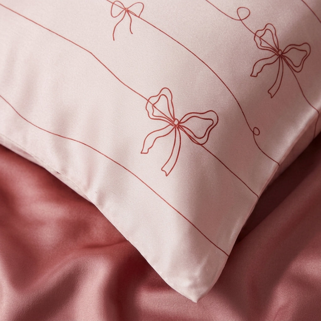 Blush Pink Ribbon Bow Satin Pillowcase & Gift Box Set